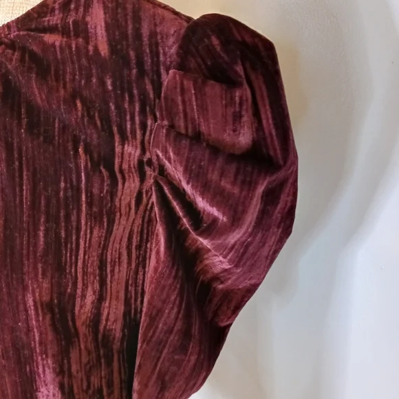 Size Large Leyden Velvet Puff Sleeves Women's Blouse Velvet Dark Burgundy Fall - Picture 7 of 9
